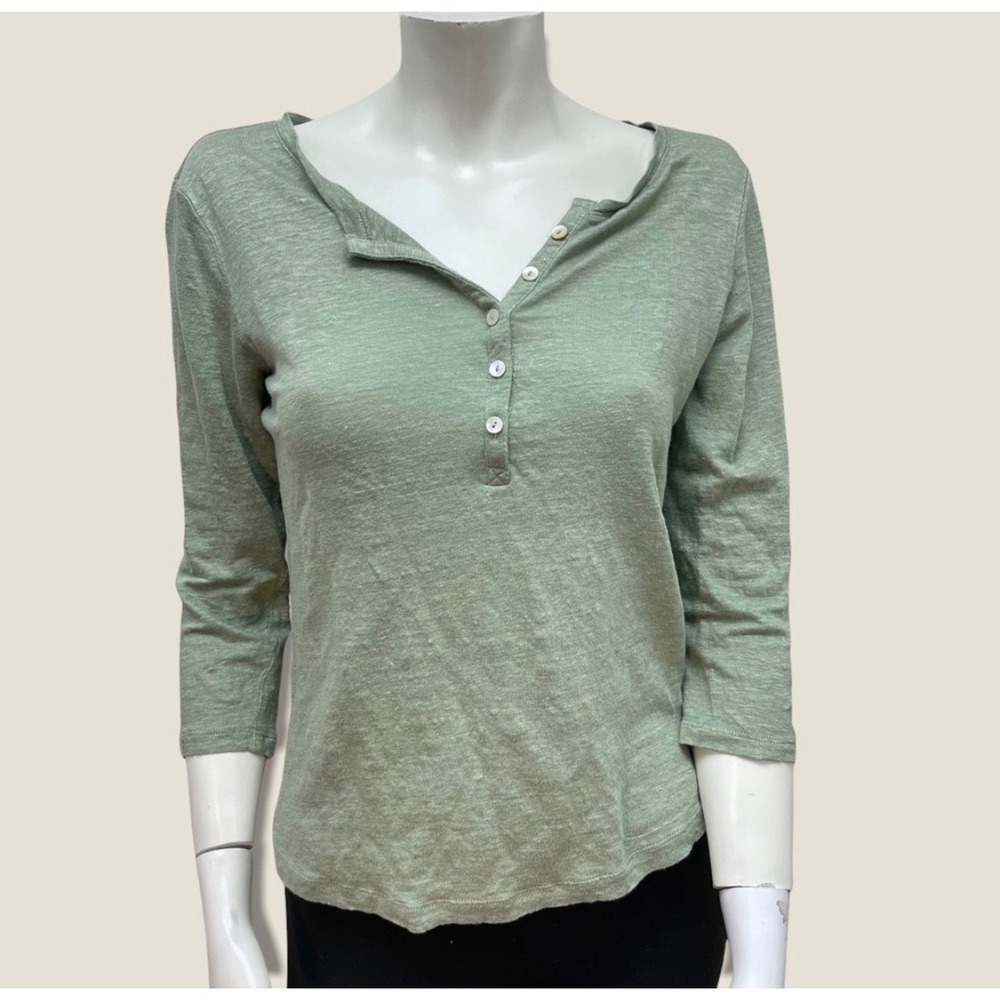 C&C California Henley Top Womens Medium Sage Green 100% Linen Coastal Boho